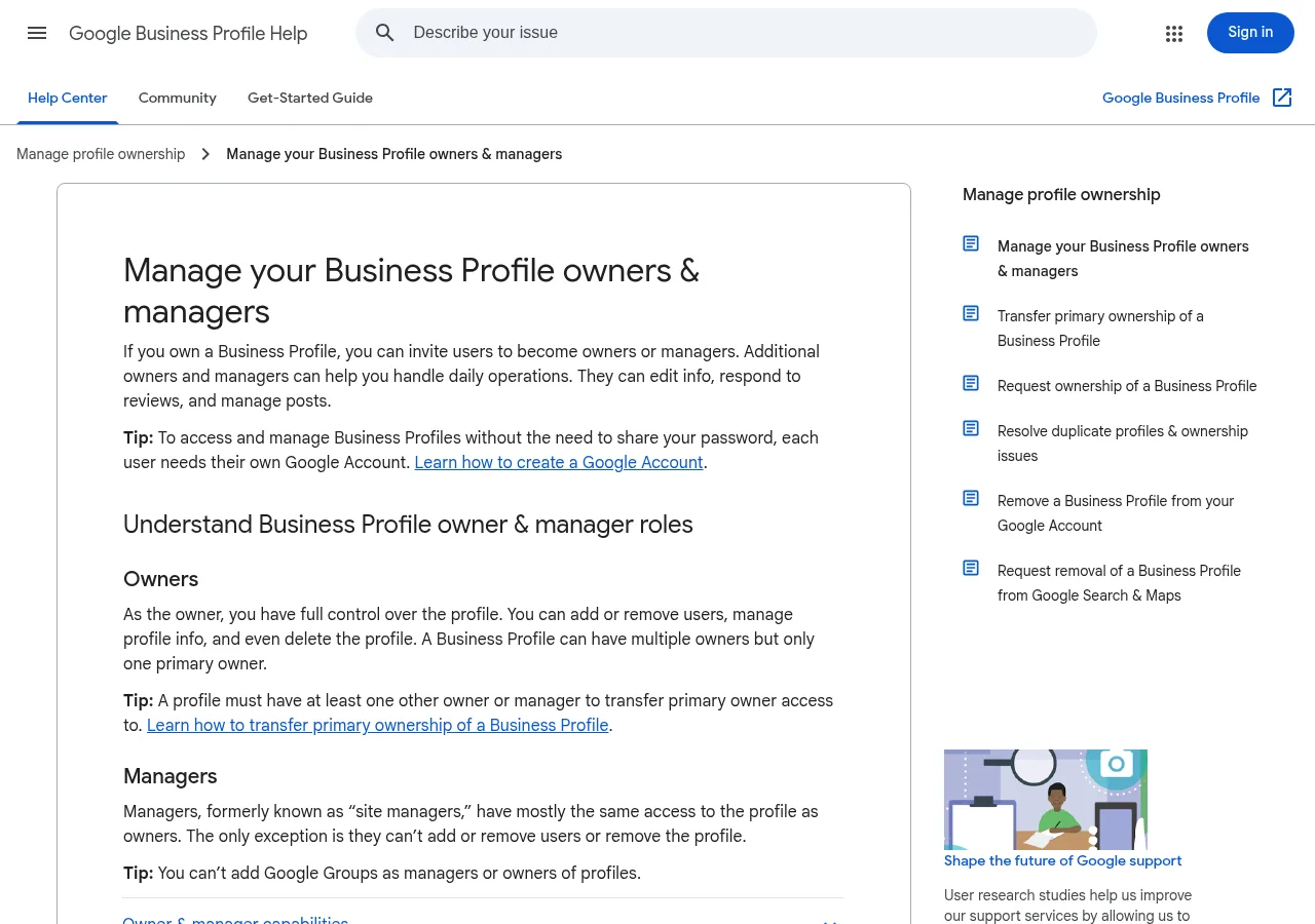 Google Business Profile Help page titled Manage your Business Profile owners and managers, describing owner and manager roles. Google's official page on profile roles. Screenshot: Google Business Profile Help, Oct 2026.