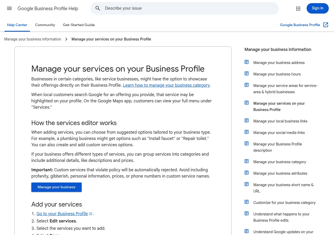 Google Business Profile Help page titled Manage your services on your Business Profile, showing how the services editor works. Google's official services help page. Screenshot: Google Business Profile Help, Oct 2026.