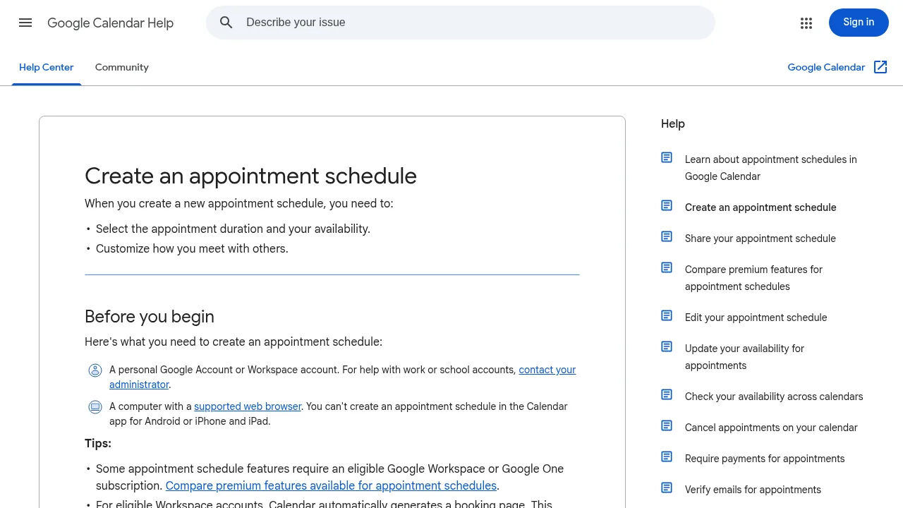 Google Calendar Help page titled Create an appointment schedule, listing what you need before you begin. Google's help page for creating an appointment schedule. Screenshot: Google Calendar Help, Oct 2026.