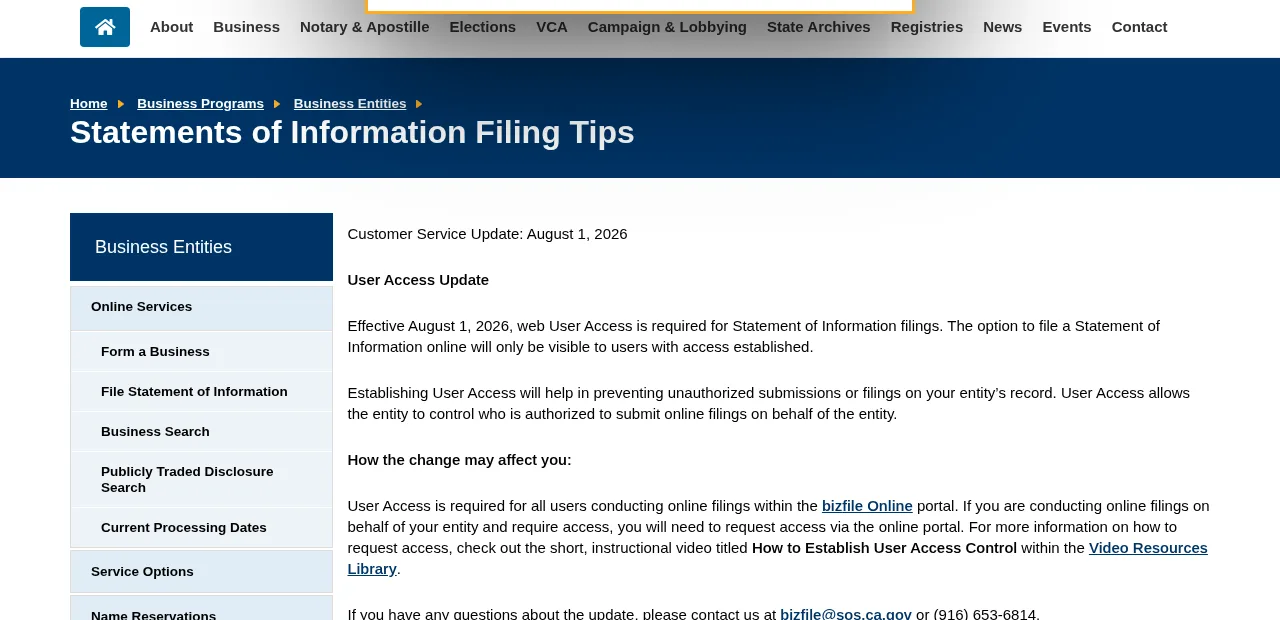 California Secretary of State Statements of Information web page. The SOS Statements of Information page with the filing window table. Screenshot: California Secretary of State, Oct 2026.