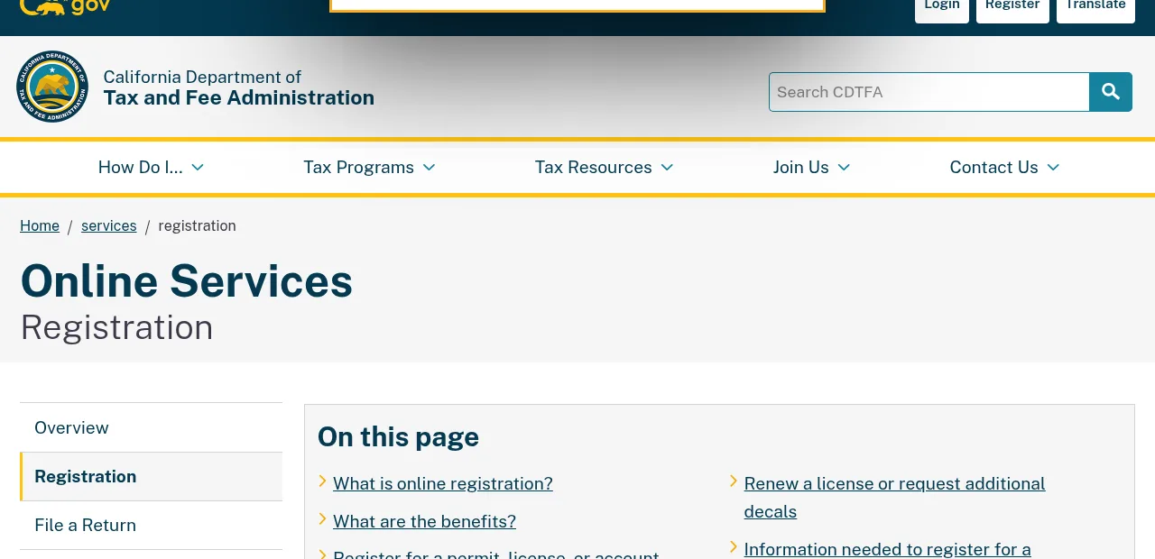 CDTFA Online Services Registration page. CDTFA's online registration page. Screenshot: California Department of Tax and Fee Administration, Oct 2026.