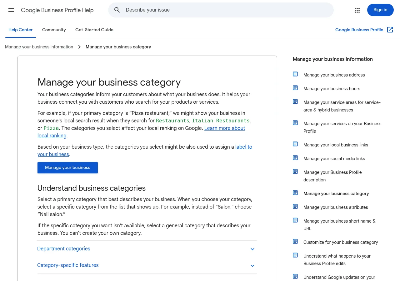 Google Business Profile Help page titled Manage your business category, with guidance on primary and additional categories. Google's official category help page. Screenshot: Google Business Profile Help, Oct 2026.