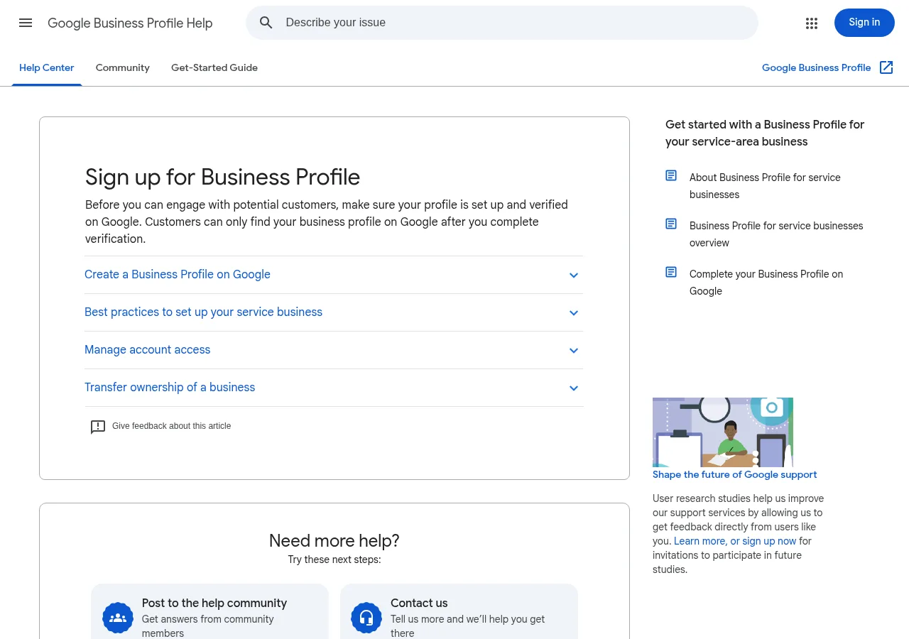 Google Business Profile Help page titled Sign up for Business Profile, with sections for creating a profile and best practices for service businesses. Google's official sign-up help page. Screenshot: Google Business Profile Help, Oct 2026.