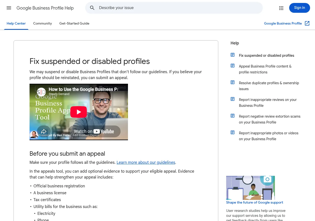 Google Business Profile Help page titled Fix suspended or disabled profiles, listing evidence that can strengthen an appeal. Google's official suspension help page. Screenshot: Google Business Profile Help, Oct 2026.