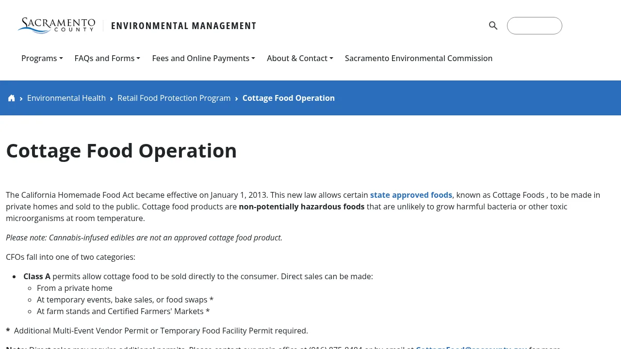 Sacramento County EMD Cottage Food Operation web page. EMD's cottage food page. Screenshot: Sacramento County Environmental Management Department, Oct 2026.
