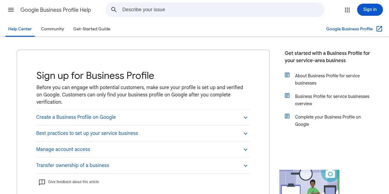 Google Business Profile Help page showing how to create a Business Profile. Google's help page for creating a Business Profile. Screenshot: Google Business Profile Help, Oct 2026.