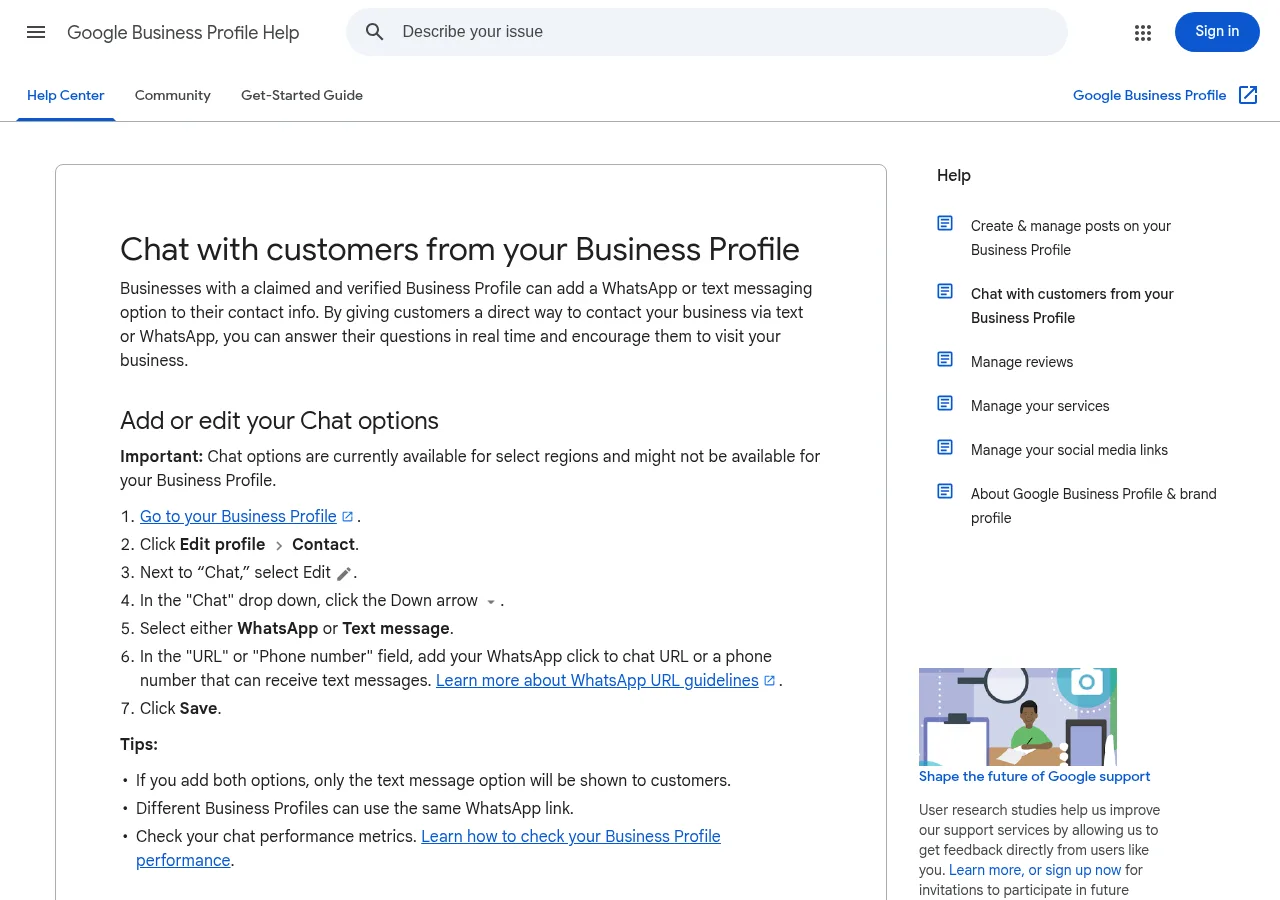 Google Business Profile Help page titled Chat with customers from your Business Profile, explaining WhatsApp and text options. Google's official chat page. Screenshot: Google Business Profile Help, Oct 2026.