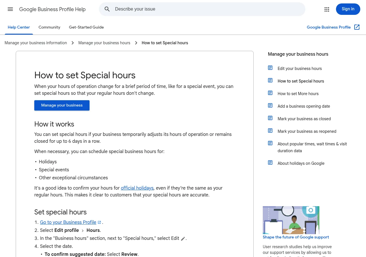 Google Business Profile Help page titled How to set Special hours, explaining holidays and special events. Google's official special hours page. Screenshot: Google Business Profile Help, Oct 2026.