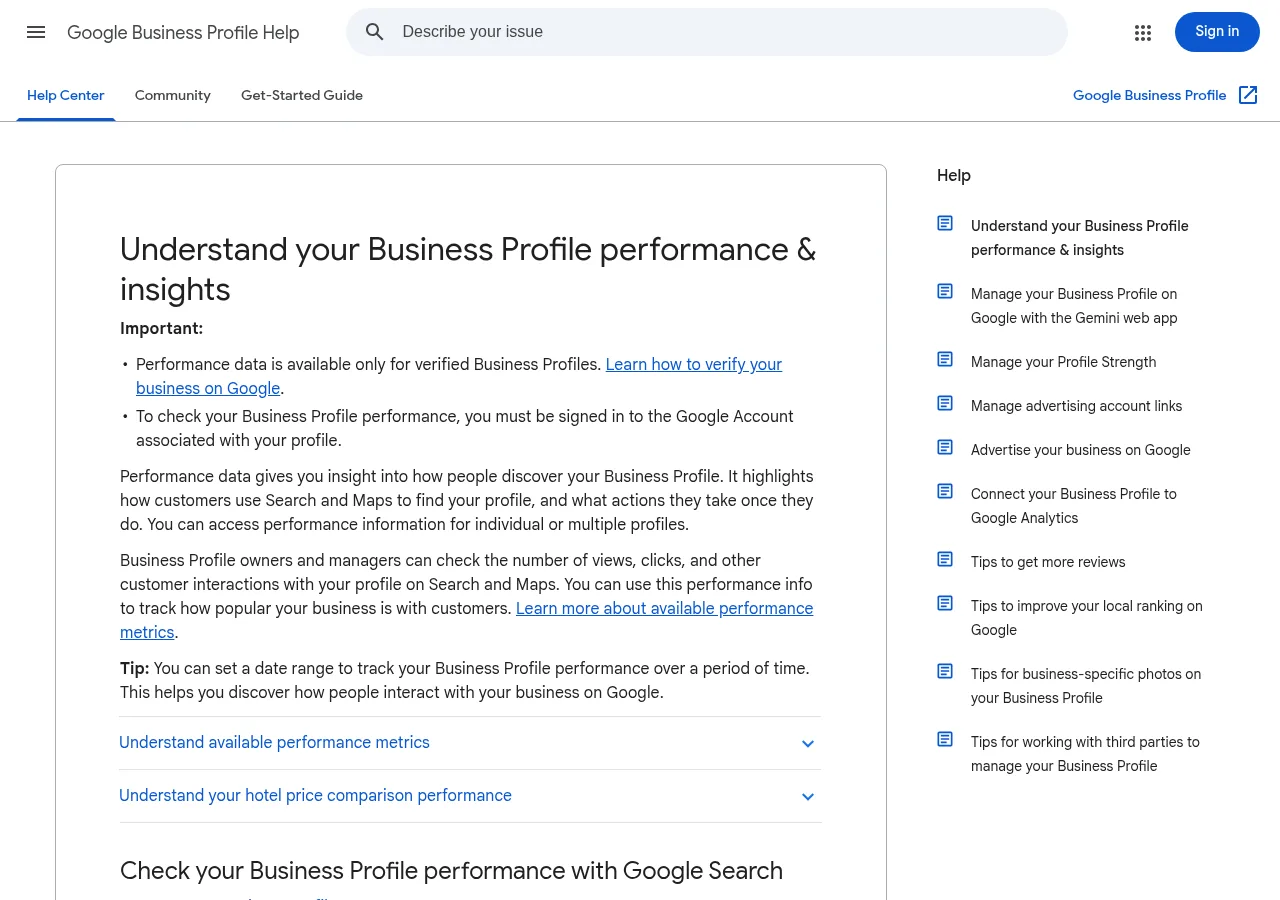 Google Business Profile Help page titled Understand your Business Profile performance and insights, describing available metrics. Google's official performance help page. Screenshot: Google Business Profile Help, Oct 2026.