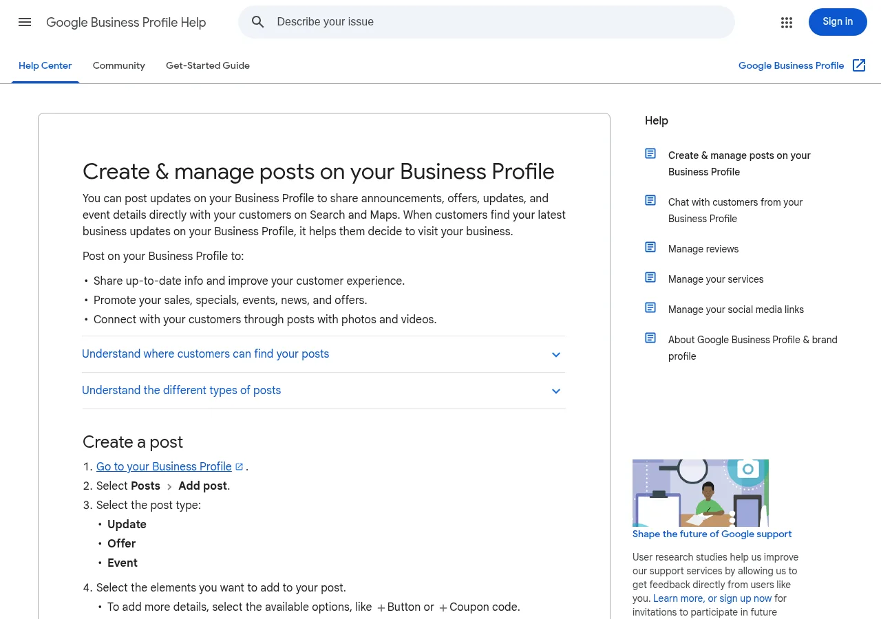 Google Business Profile Help page titled Create and manage posts on your Business Profile, describing where posts appear. Google's official posts page. Screenshot: Google Business Profile Help, Oct 2026.