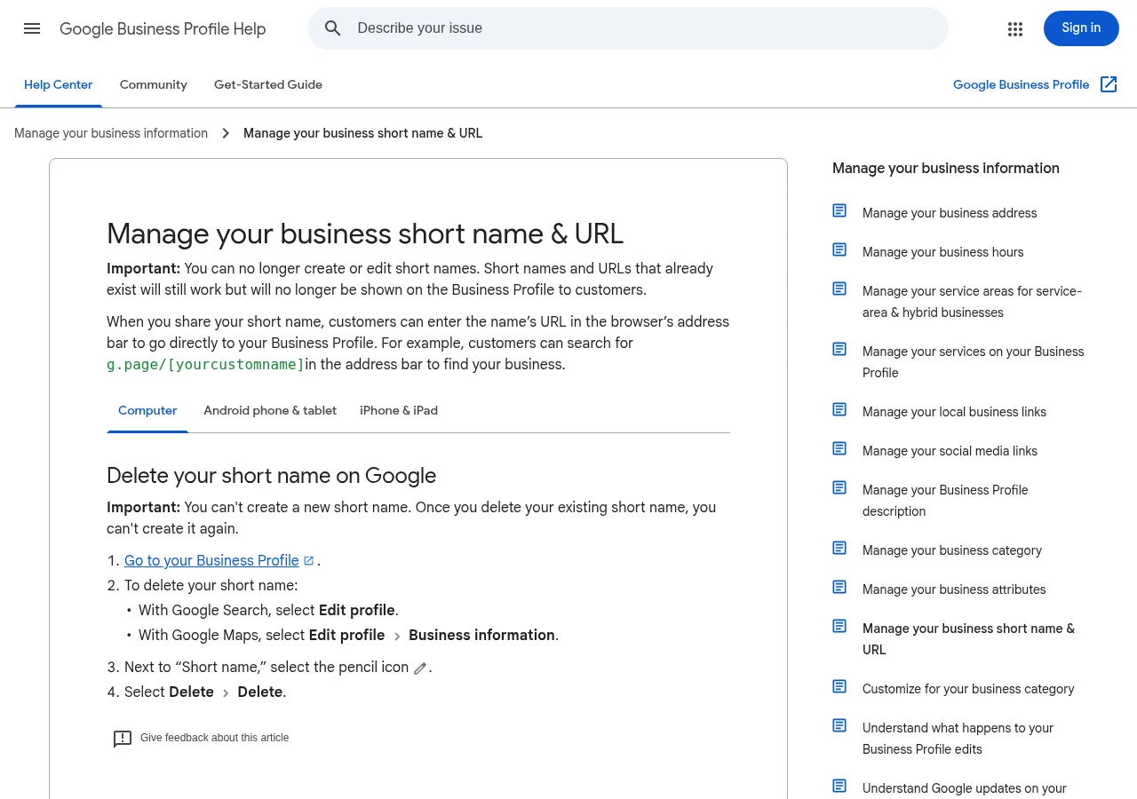 Google Business Profile Help page titled Manage your business short name and URL, stating you can no longer create or edit short names. Google's notice about short names. Screenshot: Google Business Profile Help, Oct 2026.
