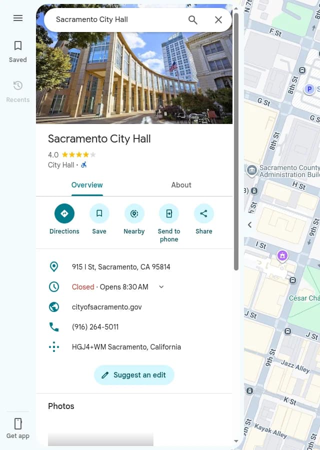 Google Maps panel for Sacramento City Hall showing a row of buttons: Directions, Save, Nearby, Send to phone, and Share. The Share button on a Google Maps place panel, using a public place as the example. Screenshot: Google Maps, Oct 2026.