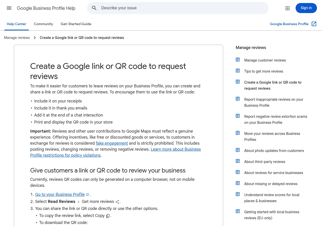 Google Business Profile Help page titled Create a Google link or QR code to request reviews, listing ways to share the link and the steps. Google's official review link page. Screenshot: Google Business Profile Help, Oct 2026.