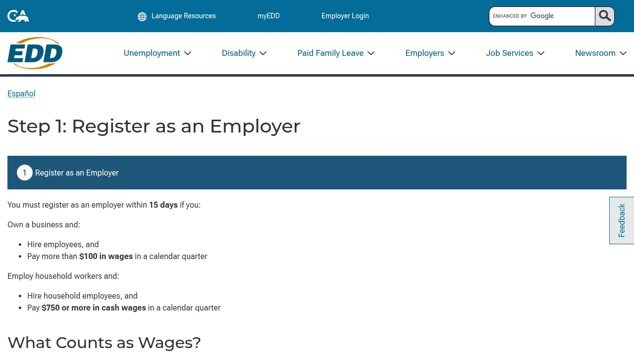 EDD Step 1: Register as an Employer web page. The EDD's "Register as an Employer" page. Screenshot: California Employment Development Department, Oct 2026.