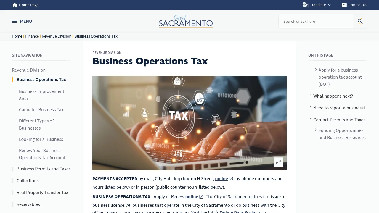 City of Sacramento Business Operations Tax web page explaining that the city does not issue a business license. The city's BOT page. Screenshot: City of Sacramento, Oct 2026.
