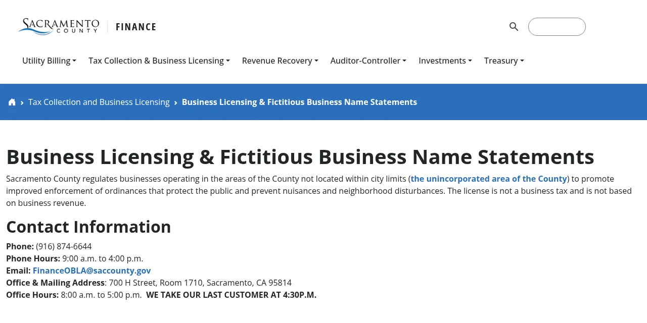 Sacramento County Business Licensing and Fictitious Business Name Statements web page. The county's business licensing page. Screenshot: Sacramento County Department of Finance, Oct 2026.