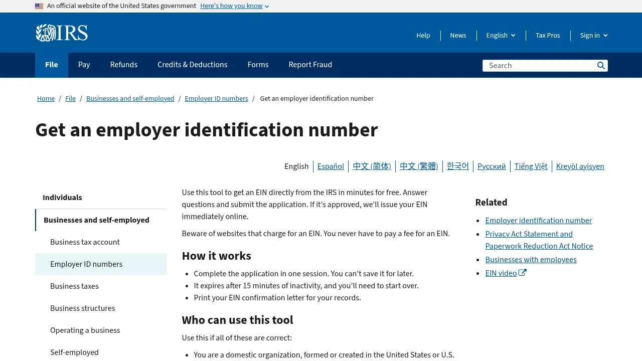 IRS Get an Employer Identification Number web page. The IRS EIN page. Apply only on irs.gov; the EIN is free. Screenshot: IRS, Oct 2026.
