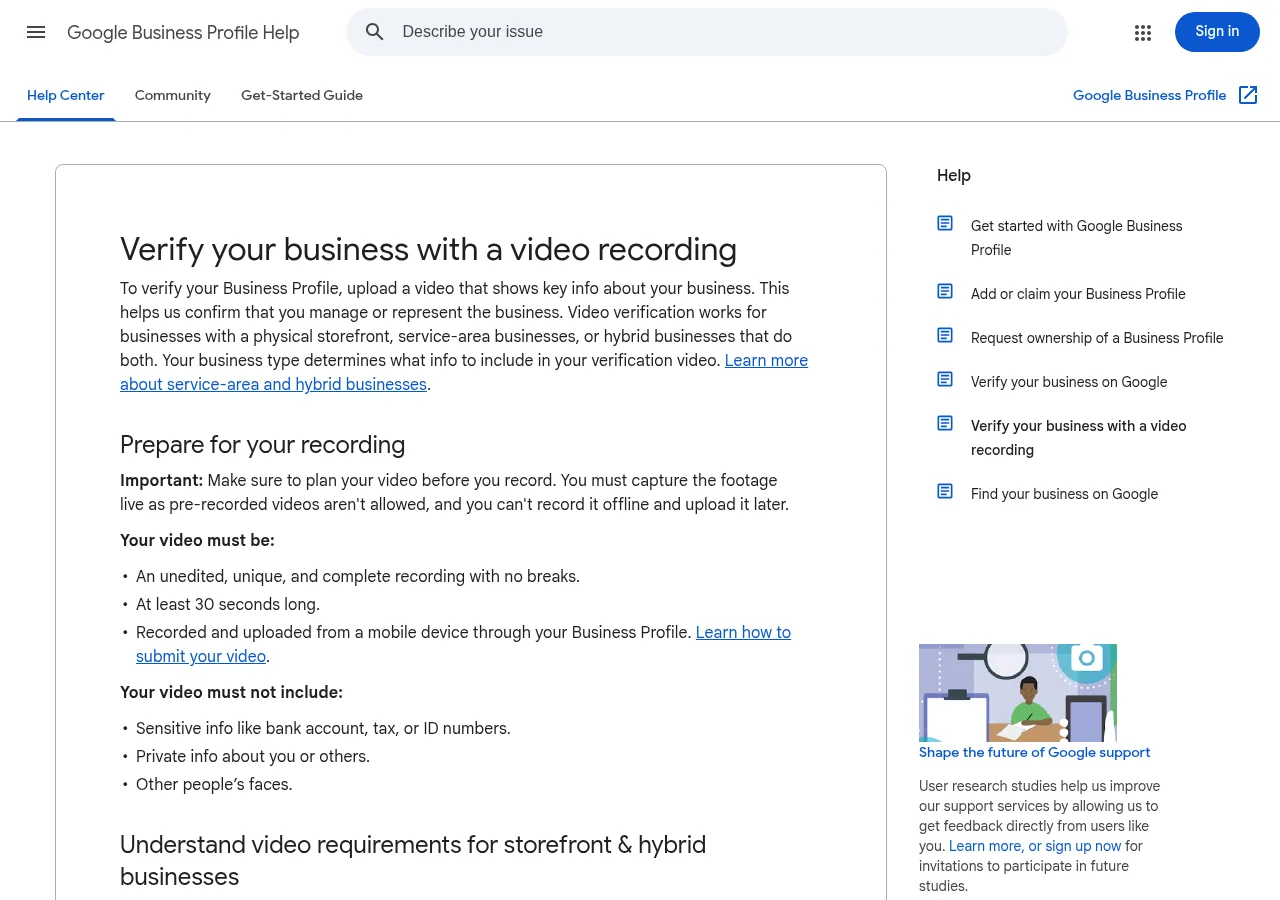 Google Business Profile Help page titled Verify your business with a video recording, listing video requirements. Google's official video verification rules. Screenshot: Google Business Profile Help, Oct 2026.